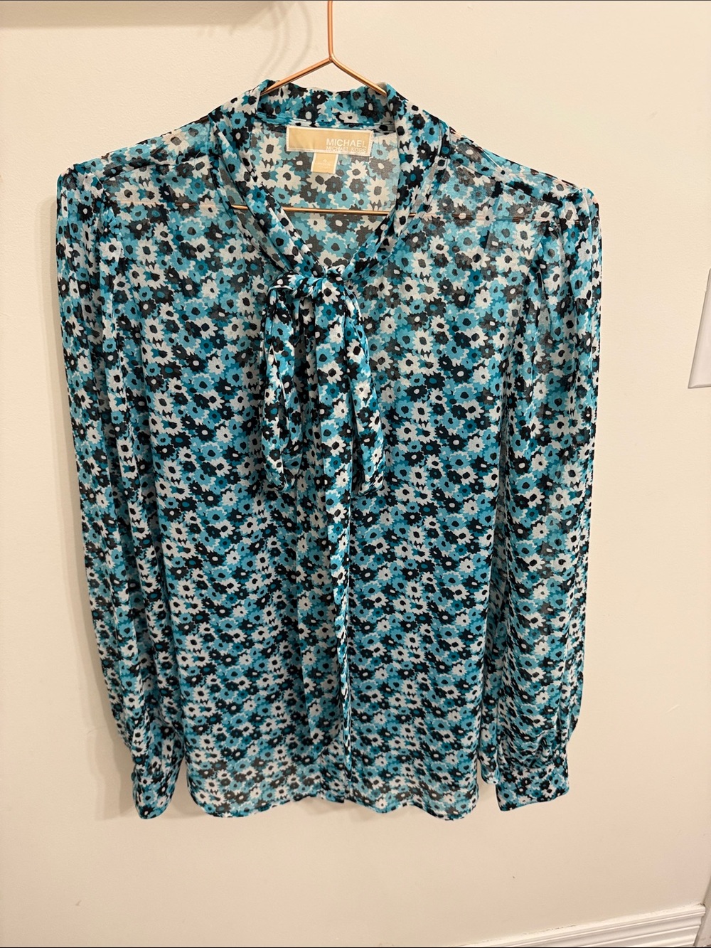 Michael Kors Teal and Black Floral Tie-Neck Blouse